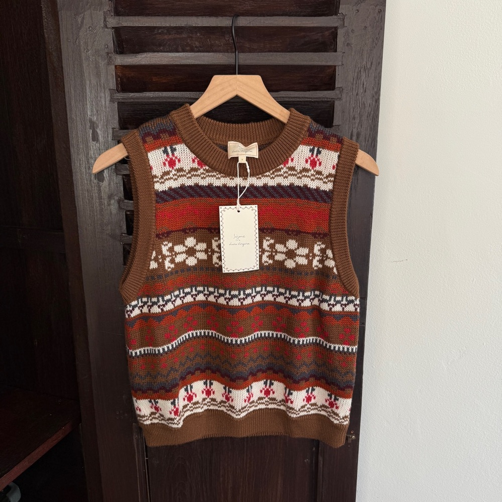 Sezane Brown Multi-Color Fair Isle Knit Sweater Vest